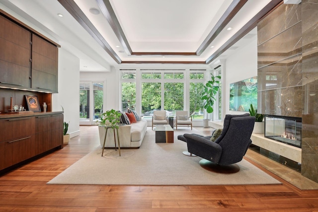 living room featuring a high end fireplace, a tray ceiling, and light wood-type flooring