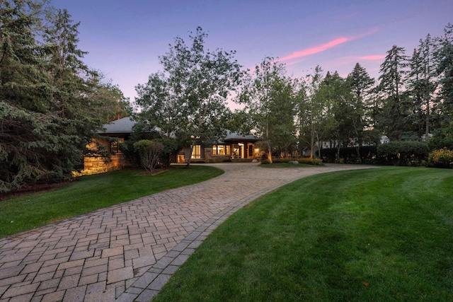 view of home's community with a yard and curved driveway
