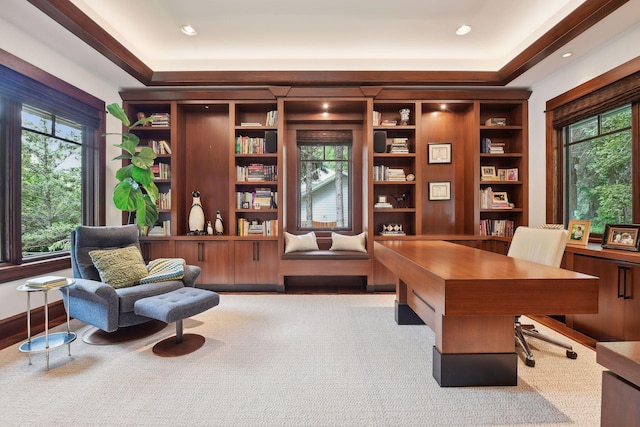 office space featuring built in shelves and carpet floors
