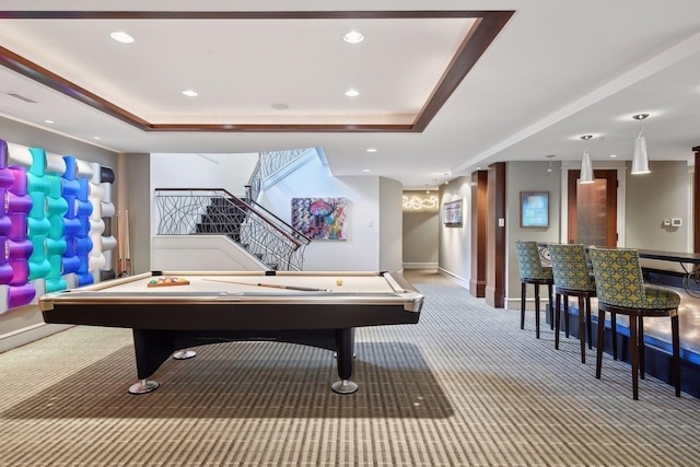 rec room featuring carpet flooring, baseboards, billiards table, recessed lighting, and a raised ceiling