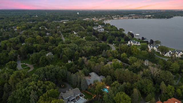 aerial view at dusk of a water view and a forest view