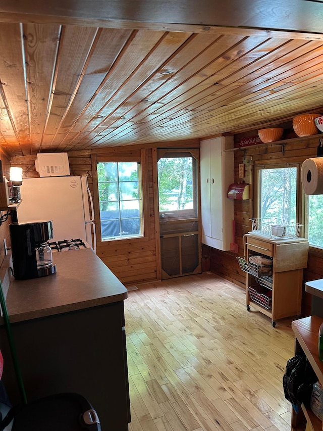 office space with wood walls, light hardwood / wood-style flooring, and wooden ceiling