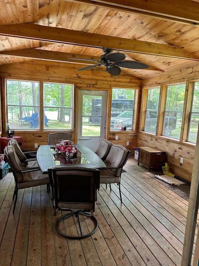 sunroom / solarium with lofted ceiling with beams, ceiling fan, and wood ceiling