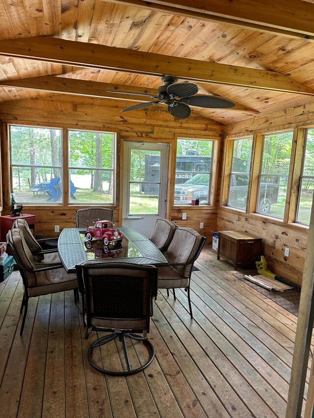27068 Greenwood Isle Cir, Bay Lake Twp, MN 56444 - sunroom / solarium with wooden ceiling, beamed ceiling, hardwood / wood-style flooring, and a deck