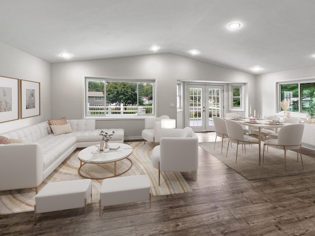 living room with lofted ceiling, dark hardwood / wood-style floors, and plenty of natural light