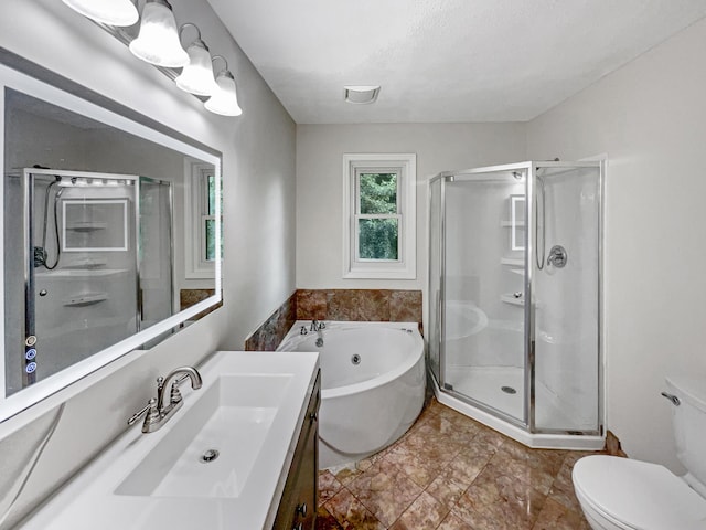 full bathroom featuring vanity, plus walk in shower, and toilet