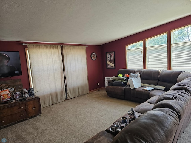 carpeted living room with plenty of natural light and a textured ceiling