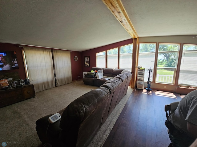 living room with lofted ceiling with beams, a textured ceiling, and dark hardwood / wood-style flooring