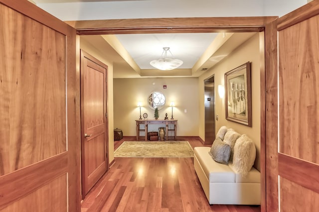 hallway with a raised ceiling and hardwood / wood-style floors