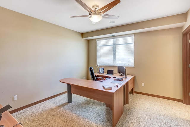 carpeted office with ceiling fan