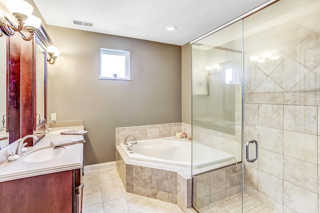 bathroom with independent shower and bath, tile patterned flooring, and dual bowl vanity