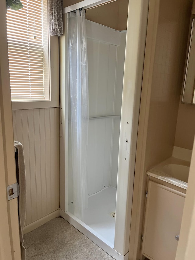 full bathroom featuring vanity and a stall shower