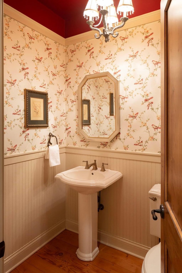 half bath with wainscoting, wood finished floors, toilet, and wallpapered walls