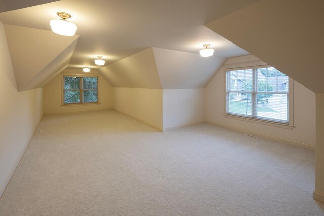 additional living space with light colored carpet and vaulted ceiling