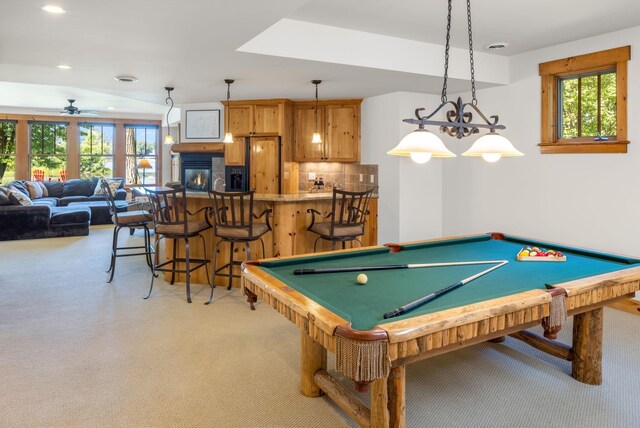 recreation room with pool table and ceiling fan