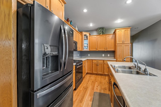 kitchen with sink, light hardwood / wood-style flooring, and black appliances