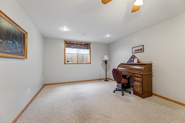 home office with carpet and ceiling fan