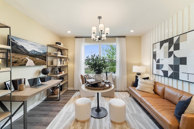 interior space featuring hardwood / wood-style flooring and a notable chandelier