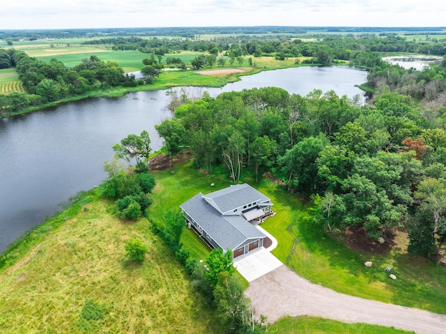 bird's eye view with a rural view and a water view