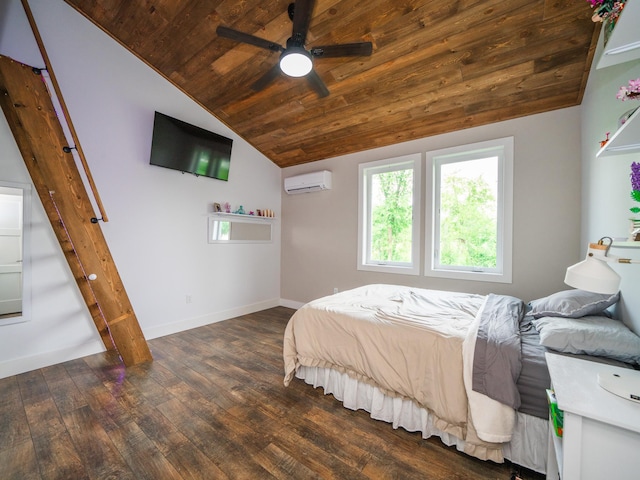 bedroom featuring vaulted ceiling, dark wood-type flooring, wooden ceiling, ceiling fan, and a wall unit AC