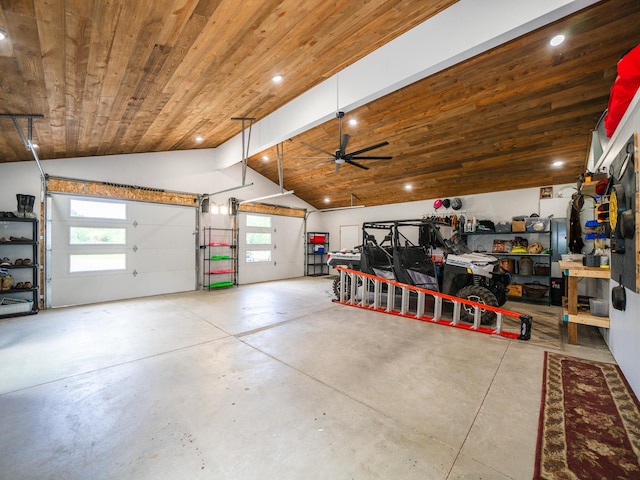 garage featuring ceiling fan, a workshop area, and wooden ceiling