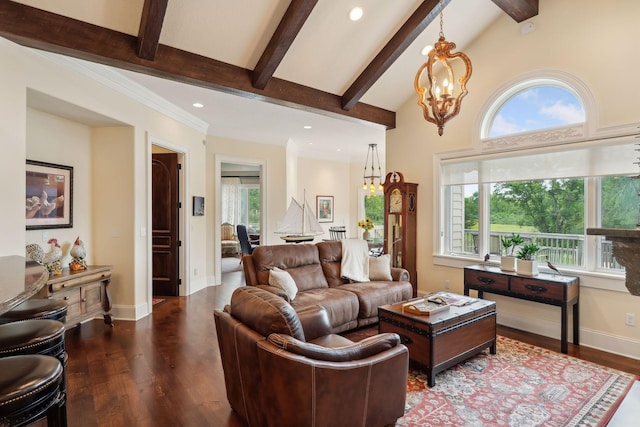 living room featuring a healthy amount of sunlight, wood-type flooring, and beam ceiling