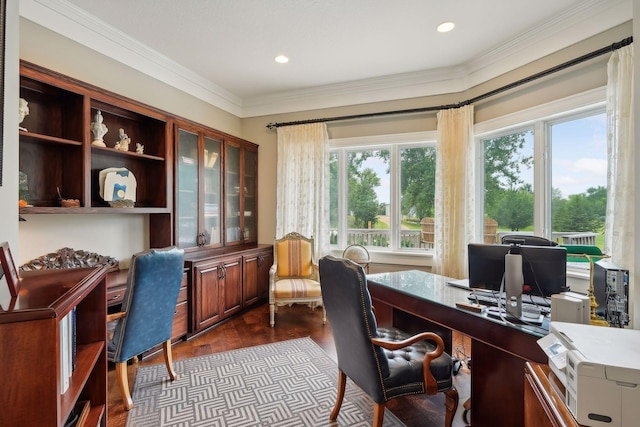 office area with wood-type flooring and crown molding