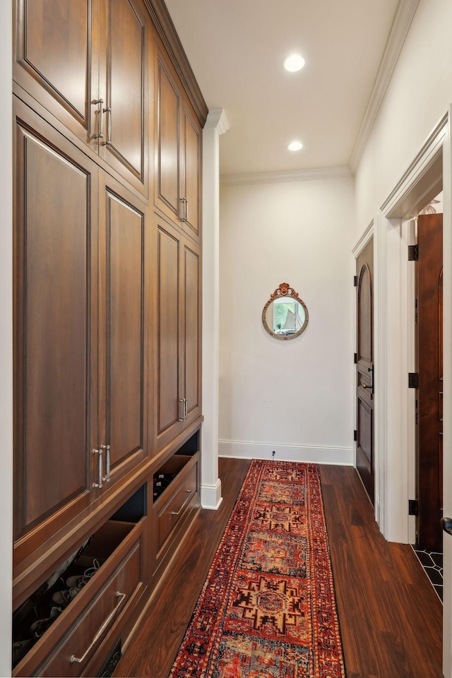 mudroom with crown molding and dark wood-type flooring