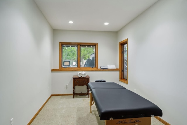 exercise room featuring light colored carpet