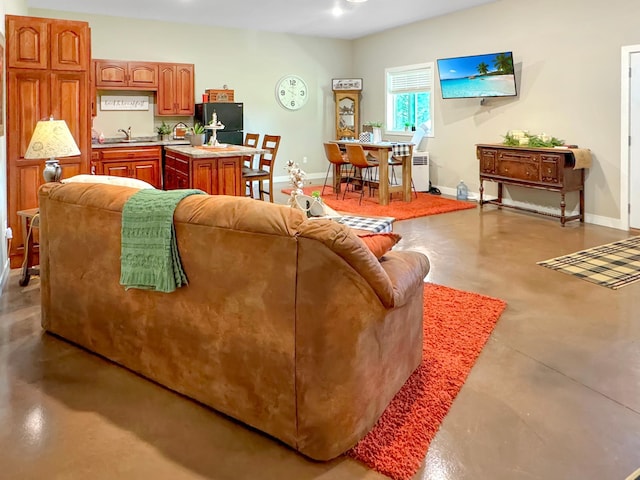 living room with concrete floors and sink