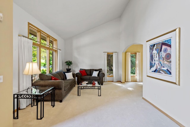 carpeted living room featuring high vaulted ceiling and plenty of natural light