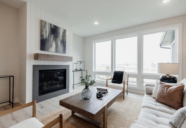 living room featuring light wood-type flooring and a large fireplace