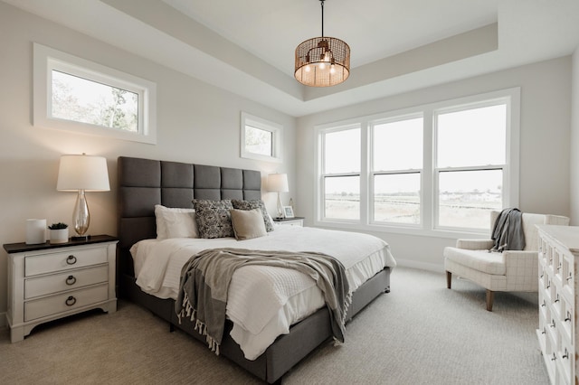 bedroom with light carpet, baseboards, and a raised ceiling