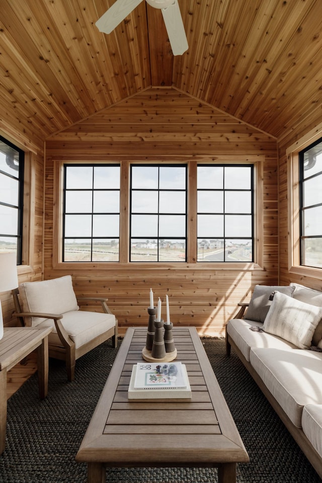 interior space featuring a ceiling fan, lofted ceiling, and wooden ceiling