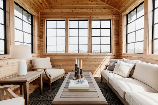 interior space with lofted ceiling, wood walls, and wood ceiling