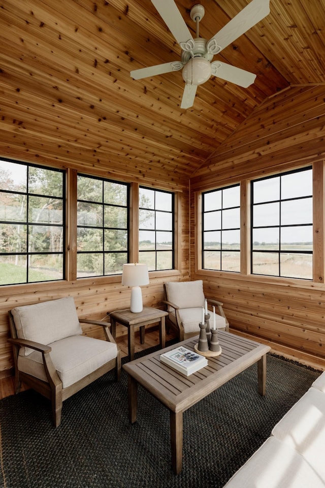 sunroom / solarium featuring lofted ceiling and wood ceiling