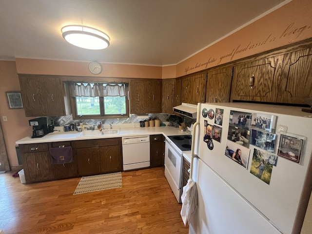 kitchen with white appliances, dark brown cabinetry, light hardwood / wood-style floors, sink, and backsplash