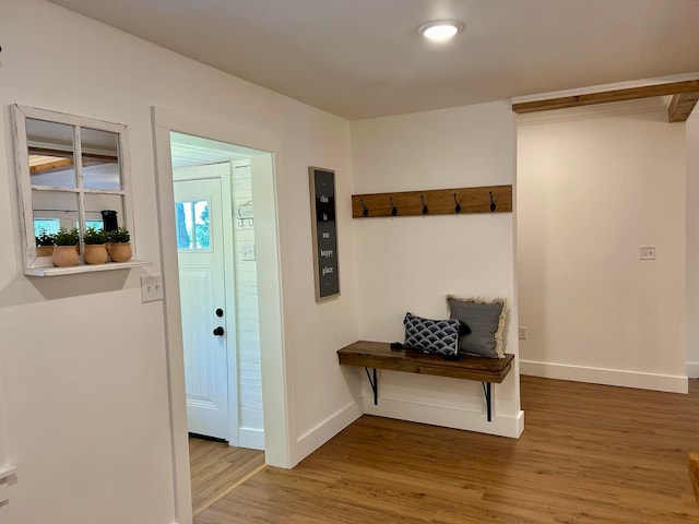entryway featuring baseboards and wood finished floors
