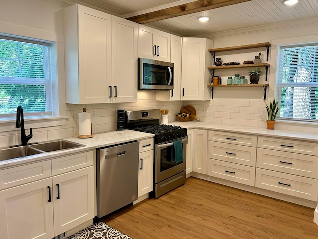 kitchen with a sink, white cabinets, appliances with stainless steel finishes, and a healthy amount of sunlight
