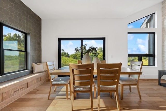 dining space featuring a healthy amount of sunlight, light wood-style flooring, and baseboards