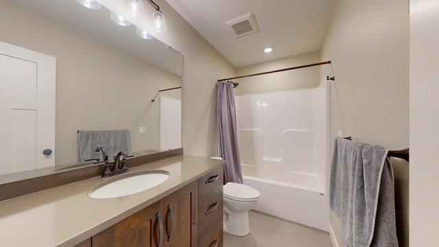 full bathroom featuring toilet, vanity, and shower / bathtub combination with curtain