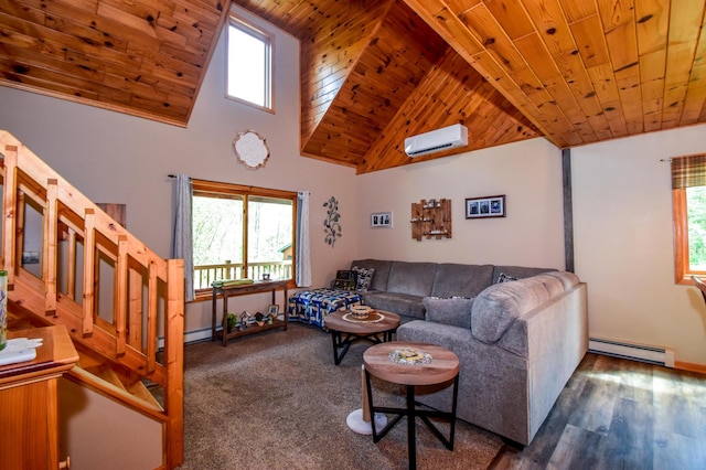 living room with baseboard heating, a healthy amount of sunlight, wood ceiling, and an AC wall unit