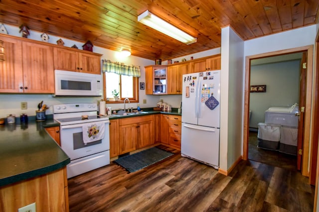 kitchen with dark hardwood / wood-style flooring, sink, wooden ceiling, and white appliances