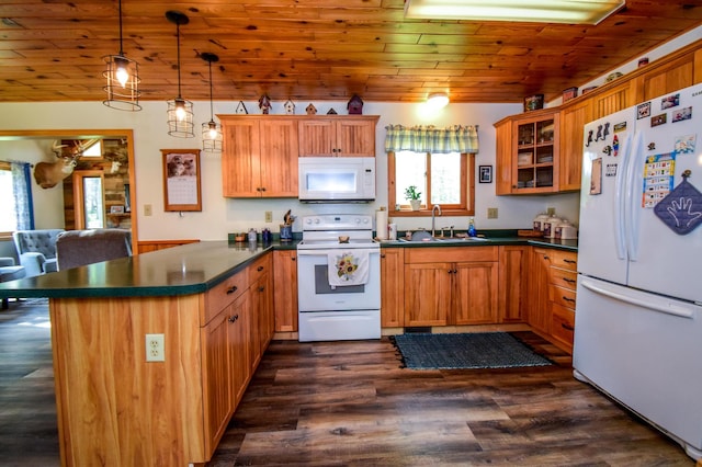 kitchen featuring pendant lighting, wood ceiling, white appliances, and dark hardwood / wood-style flooring