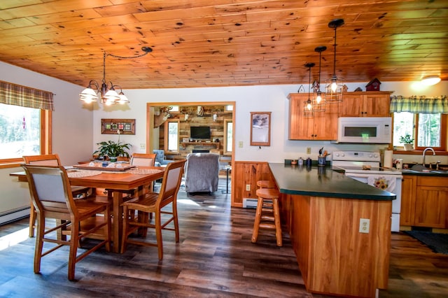 dining area with dark hardwood / wood-style flooring, vaulted ceiling, sink, and wood ceiling