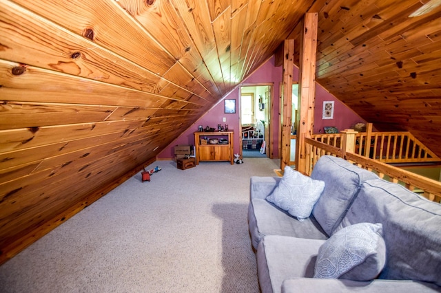 bonus room with wood ceiling, lofted ceiling, carpet, and wood walls