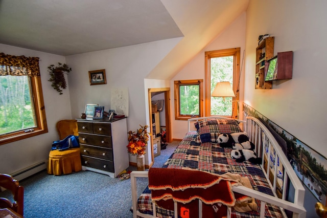 bedroom with carpet, a baseboard heating unit, and lofted ceiling