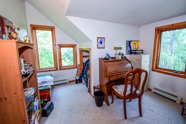 office featuring a baseboard radiator and light colored carpet