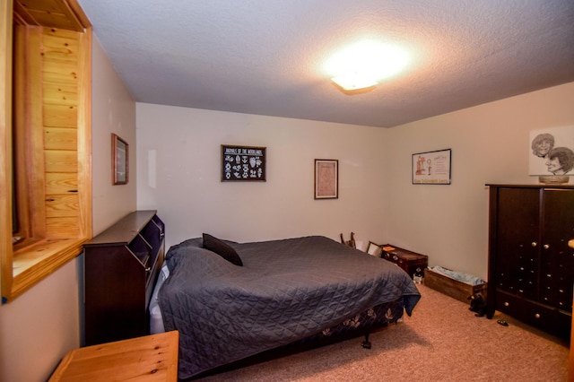 carpeted bedroom with a textured ceiling