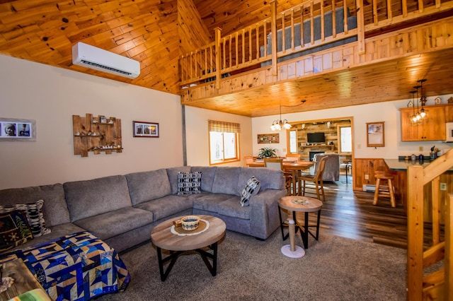 living room with wood ceiling, a wall unit AC, dark hardwood / wood-style floors, high vaulted ceiling, and a notable chandelier